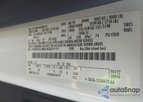 2018 Ford Transit T-350 from USA, damaged, VIN 1FBZX2CMXJKB21111